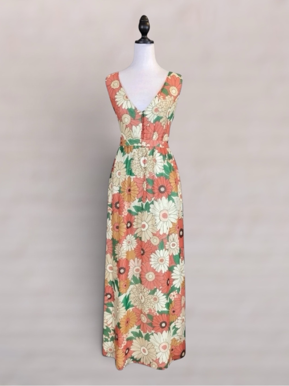 ModCloth Maxi Dress Orange Green Daisy Floral 70s Style Retro Boho Cottagecore L